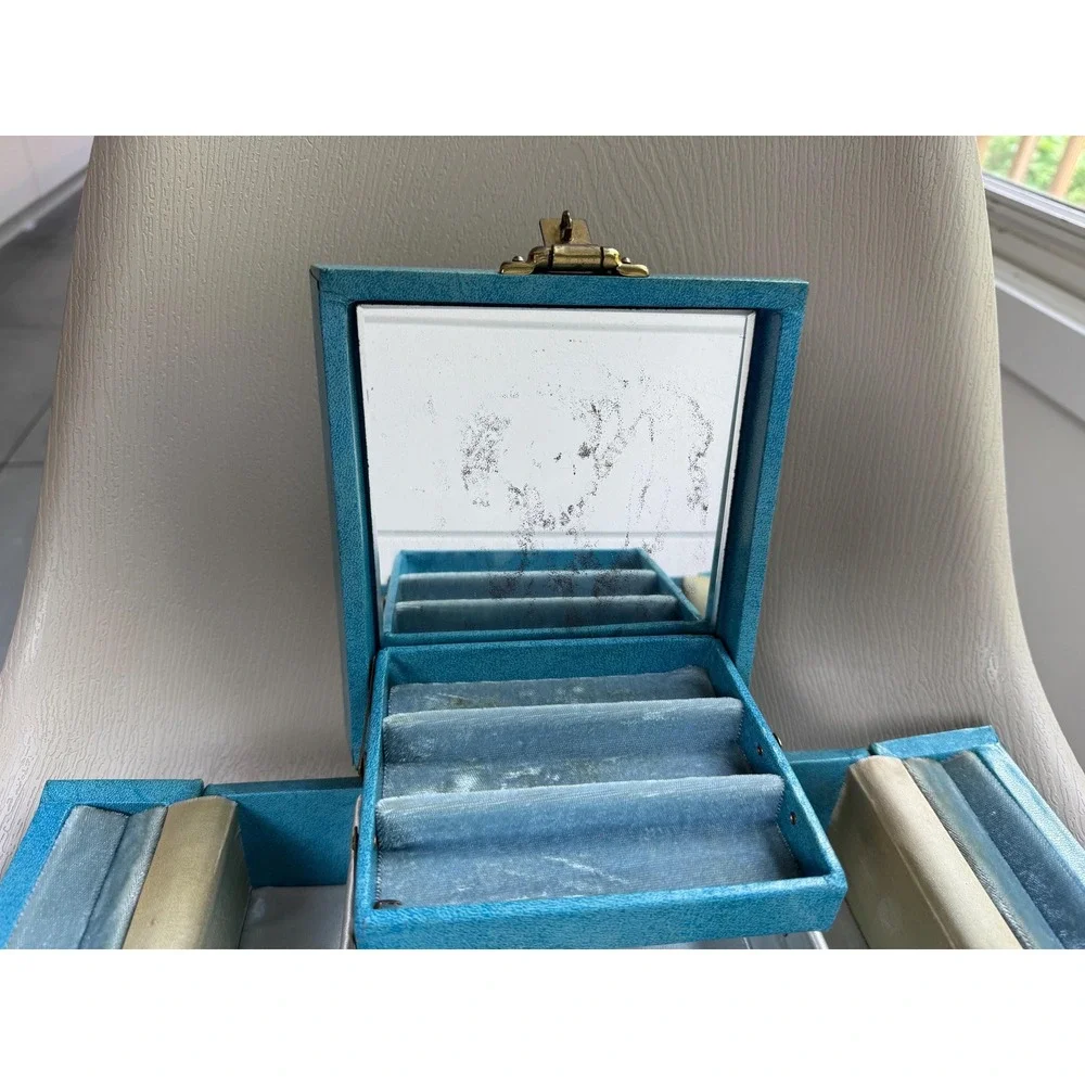 1950s Bond St. Blue Mid Century Folding Jewelry Box w Mirror Vintage Vanity Case